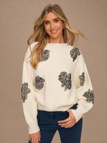 Enchnt Women's White Floral Sequin Drop Shoulder Long Sleeve Loose Casual Sweater,Elegant Autumn Clothes For Brunch, Sweet&Fashionable Party Top - Beige - View 1