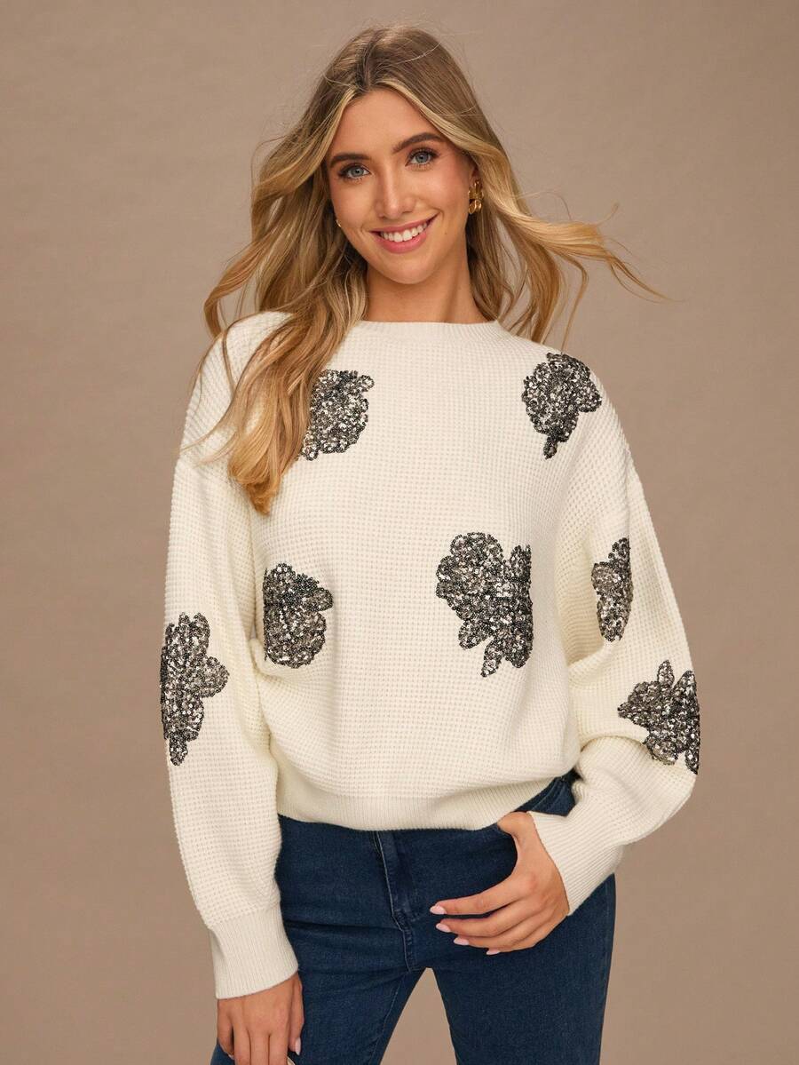 Enchnt Women's White Floral Sequin Drop Shoulder Long Sleeve Loose Casual Sweater,Elegant Autumn Clothes For Brunch, Sweet&Fashionable Party Top - Beige - View 1