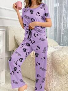 女士心形图案圆领短袖休闲上衣和裤子睡衣套装紫色睡衣套装薰衣草睡衣套装女士睡衣套装2件套睡衣套装可爱睡衣套装 - 彩色 - 查看 3