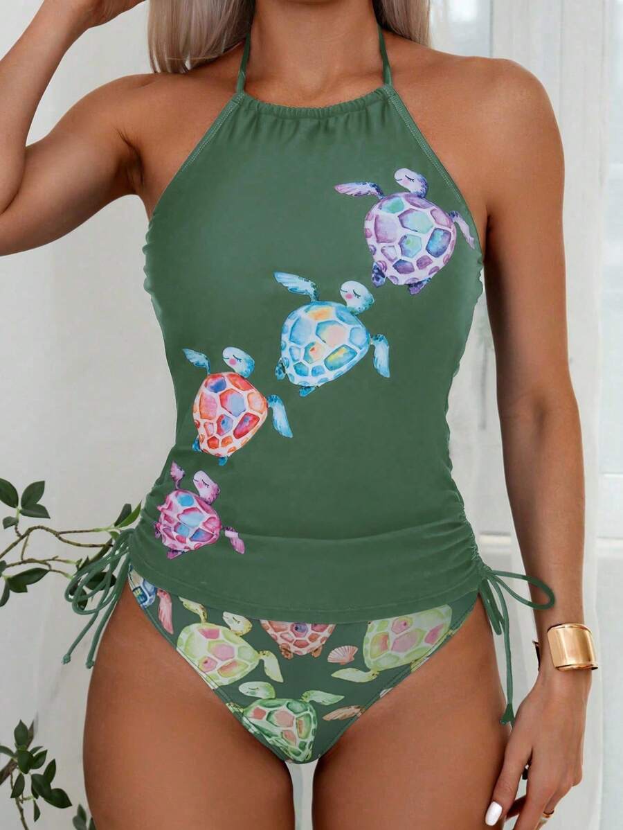 Swim Lushoire 2pcs Women Summer Top With Placement Print & Bottom With Random Print, Beach Vacation Camisole & Bikini - Multicolor - View 1