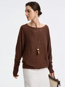 Aalyst Autumn/Winter Slouchy Elegant Minimalist Brown Metallic Thread Batwing Sleeve Sweater Fall Cloth For Women - Brown - View 5