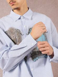 SUMWON Áo sơ mi kẻ sọc in họa tiết cửa sổ Gothic dáng crop fit tay dài, chất liệu cotton pha trộn cỡ lớn, phong cách đường phố giản dị, thu đông, thiết kế tối giản, unisex, lấy cảm hứng từ kiến trúc Pháp cổ điển - Màu xanh lam - Xem 5