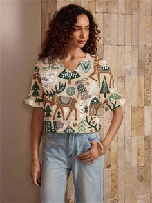 Shutterstock Glamance Women's Deer & Rabbit Print V-Neck Batwing Short Sleeve Casual Loose Shirt - Multicolor - View 3