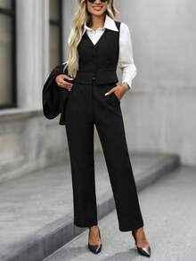 EMERY ROSE Bộ đồ vest, áo vest và quần dài đơn sắc cài khuy đơn giản dành cho nữ mùa thu đông - màu đen - Xem 5