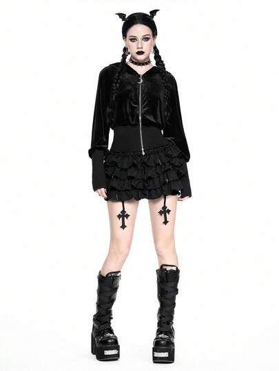 Goth Sweat-shirt-shirt court en velours style chapeau de sorcière gothique pour femmes