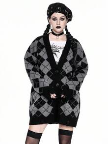 ROMWE Academia 女式菱形拼色V领宽松学院风针织开衫，秋冬款 - 灰色 - 查看 7