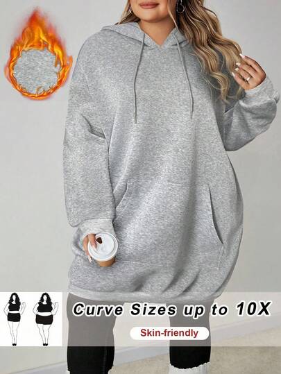 SHEIN CURVE+ Plus Size Solid Color Hooded Pullover Sweatshirt With Pocket Winter Fall Autumn