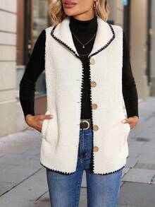 Roamenne Roamenne Women's Casual Contrast Color Trim Sleeveless Lightweight Jacket, Autumn/Winter - White - View 5