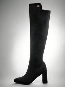 SHUZIA 时尚女式黑色仿麂皮及膝粗跟靴，舒适秋冬假日 - 黑色 - 查看 5