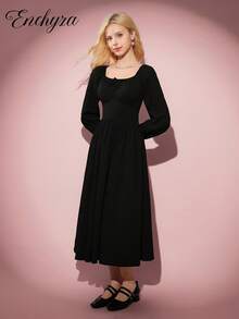 少女休闲优雅度假连衣裙，黑色紧身胸衣长袖修身连衣裙，适合万圣节、秋冬季 - 黑色 - 查看 5