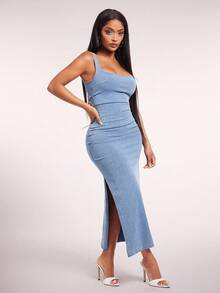 Radiana 女式方领褶皱侧开衩无袖修身牛仔连衣裙 - 淺色水洗藍 - 查看 4