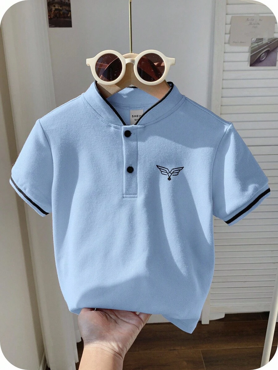 1 Chiếc Áo Polo Ngắn Tay Dệt Kim Họa Tiết Họa Có Cổ Trang Bị Thường Ngày Cho Bé Trai Trẻ, Thích Hợp Mặc Hàng Ngày, Đi Học, Đi Chơi, Thể Thao, Mùa Xuân / Mùa Hè - Màu xanh bụi bặm - Xem 1