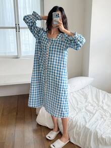 DAZY 可爱格子荷叶边方领长款女式睡袍，秋季睡衣 - 藍色 - 查看 5