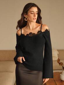SHEIN X Jwoww Anewsta Women's Sexy Black Lace Trim Flare Sleeve Wool Sweater, Suitable For Dates And Outings, Autumn/Winter - Black - View 6