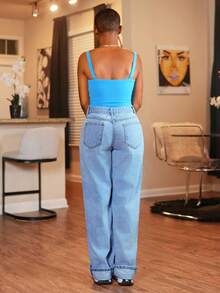 SHEIN BamGlam 女式休闲直筒牛仔裤，做旧眼睛图案，街头风格 - 藍色 - 查看 2