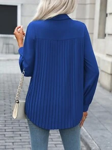 EMERY ROSE Women's Solid Color Casual/Work Collared Shirt With Front Opening, Back Pleats, And Curved Hem Long Sleeves, Spring/Autumn - Royal Blue - View 2