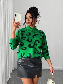 Elenzga Áo len cổ cao tay trễ họa tiết da báo, áo len chui đầu mùa đông, áo len mùa thu. - màu xanh lá - Xem 3
