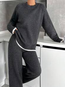 SHEIN Tall Minimalist Contrast-Trim Lounge Set – Soft Knit Long Sleeve Top & Wide-Leg Pants - Grey - View 1