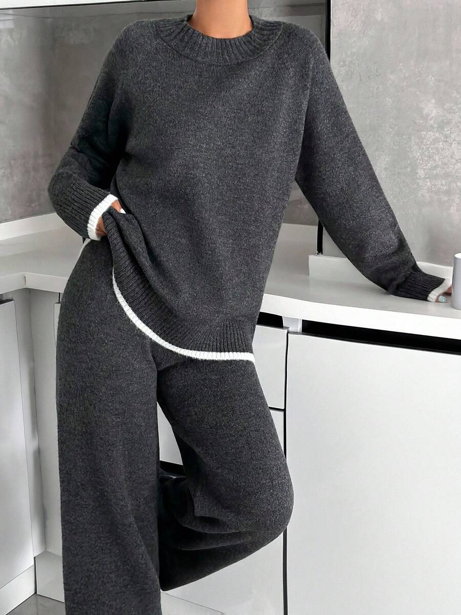 SHEIN Tall Minimalist Contrast-Trim Lounge Set – Soft Knit Long Sleeve Top & Wide-Leg Pants - Grey - View 1