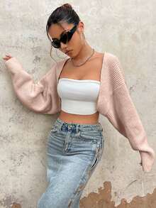 EURMUSE Y2K Grunge Drop Shoulder Open Front Crop Cardigan Without Tube Top - Coral Pink - View 4