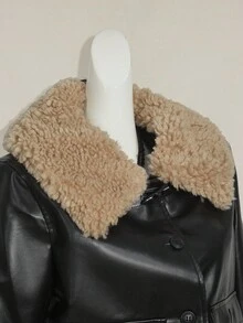 SHEIN ICON Y2k 秋季女款黑色外出撞色仿毛领长袖单排扣 PU 皮革时尚夹克短款皮夹克黑色皮夹克女款仿毛领夹克皮夹克带毛领短款黑色夹克 - 黑色 - 查看 8