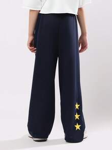 SUMWON 宽松少女阔腿慢跑裤，饰有黄色文字图案和星星细节，休闲街头风秋冬下装，舒适百搭 - 藏蓝色 - 查看 2