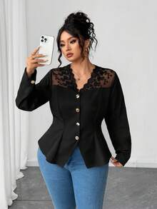 Elenzga 永不过时：哥特式预科风，融入周三元素。拥抱你内心的阴影，展现暗黑女性时尚。大码女式梭织长袖奢华优雅蕾丝拼接斜纹光滑黑色衬衫 - 黑色 - 查看 4