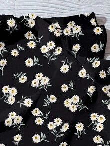 SHEIN LUNE Áo sơ mi nữ in họa tiết hoa cúc dễ thương, phong cách thanh lịch, nền đen, đa năng cho mùa hè và đầu thu - Nhiều màu - Xem 4