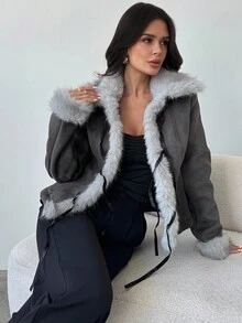 Firerie 女士休闲优雅仿皮草拼布外套/军绿色外套，皮草大衣/女士秋装/女士冬装/毛绒复合外套/秋冬日常出游装/毛绒防寒大衣 - 橄欖綠 - 查看 5