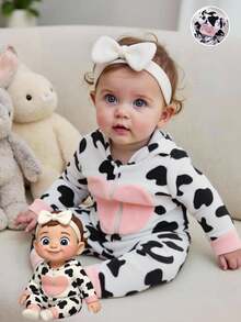 女婴法兰绒奶牛印花爱心连帽连体衣，撞色袖口和脚部设计，可爱奶牛耳朵造型，秋冬季睡衣连体衣，6个月-3岁 - 黑與白 - 查看 4