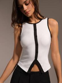 Hanevo Contrast Ribbed Women Crop Top, Ribbed Knit Body Fitted Tank With High Low Hem, Fashionable & Versatile - White - View 5