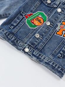 SHEIN Playful Pals Vintage American Street Style Distressed Ripped Tiger Letter Embroidered Patch Loose Casual Comfortable Washed Light Blue Denim Jacket Fall Winter