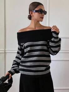 DAZY Contrast Stripe Off Shoulder Loose Long Sleeve Casual Street Knit Sweater For Women, Autumn/Winter - Black - View 4