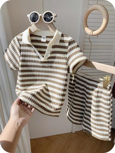 SHEIN 2-Pack Young Boys Casual Sports College Street Cute Vacation Striped Lapel POLO Shirt And Khaki Shorts Set Suitable For Kids Outfits Young Boy Clothes Back To School Boys Set Suitable For Birthday Parties, Evening Parties, Performances, Weddings, Baptisms, Opening Ceremonies Daily Suitable For Daily Use Suitable For School Suitable For Travel Suitable For Sports Suitable For Spring And Summer Seasons Young Boy Clothing Set