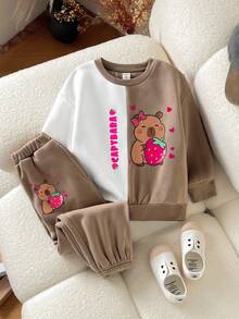 SHEIN Young Girl Casual Minimalist Comfortable Round Neck Bow Decor T-Shirt And Skirt Set - Khaki - View 2