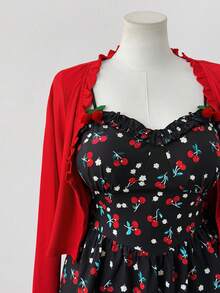 Sunspun 加大码 Sweetro-D 两件套可爱服装套装，可爱浪漫校园风格度假时尚樱桃印花 V 领褶皱 A 字连衣裙，搭配时尚荷叶边领长袖夹克，适合日常外出、返校季、居家约会度假