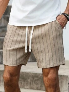 Manfinity Homme Plus Size Men's Casual Striped Print Drawstring Waist Slant Pocket Loose Shorts, Suitable For Daily Commute In Summer
