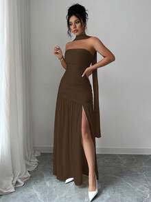 Elenzga Fashionable New Solid Color Glossy Fabric Strapless Long Flowy Ruched Waist Slit Hem Dress, Suitable For Weddings, Graduation Parties, Dates, Vacations