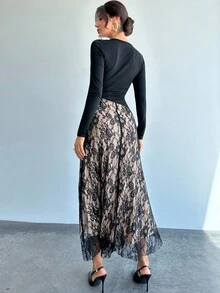 Firerie Women's Elegant Black Floral Lace Patchwork Long Sleeve A-Line Dress For Autumn Dining,Refined Fashion Party Christmas New Year - Black - View 4