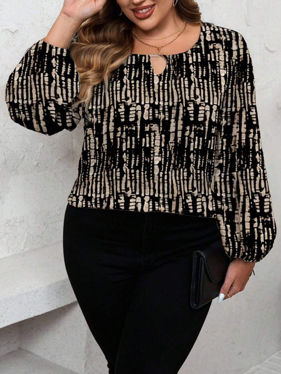 SHEIN LUNE 加大锁孔领口灯笼袖绿色上衣