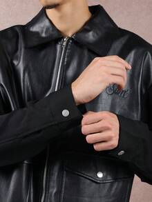 SUMWON 短款奢华双色皮革飞行员哈灵顿夹克，带前袋，高档休闲外套，街头风格，秋冬时尚 - 黑色 - 查看 5