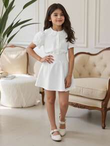Tween Girl Solid Color Peter Pan Collar Short Sleeve Shirt With Front Buttons, Cute - White - View 1