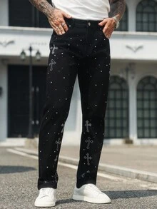 Manfinity LEGND 男士街头时尚十字水钻装饰口袋牛仔裤 - 黑色 - 查看 9