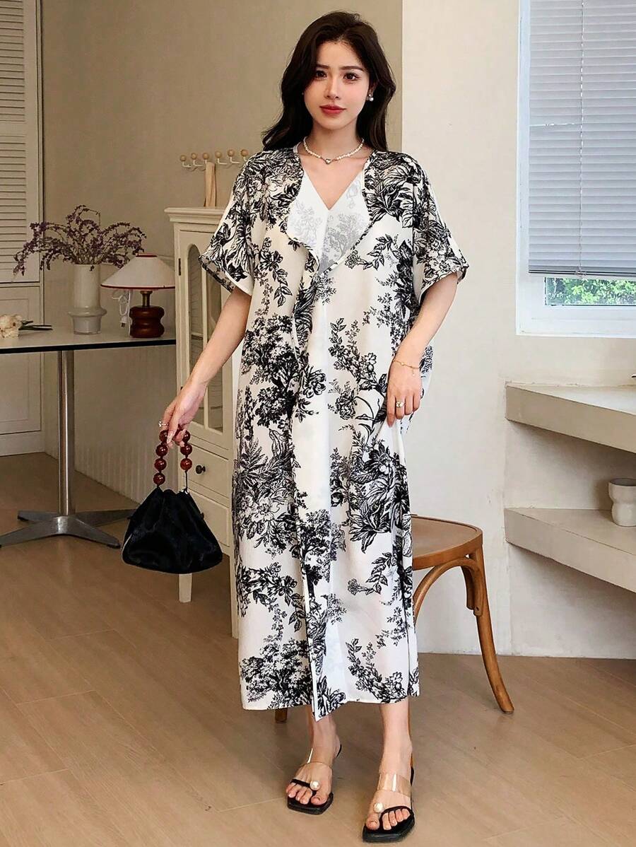 DAZY Ladies" V-Neck Batwing Sleeve Vacation Style Spring/Summer Dress Floral Sundress - Apricot - View 1
