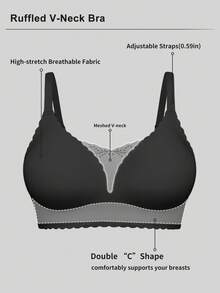 SHEIN Sujetador para mujer de talla grande con diseño minimalista y cómodo, de unicolor, con encaje sin costuras, tirantes anchos, efecto levantador, bajo ondulado y acolchado fino - Negro - Ver 4