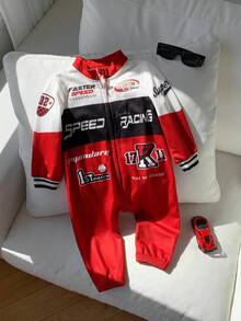 TaviRue 新生男宝宝可爱拼接摩托车字母印花长袖连体衣，秋冬季 - 彩色 - 查看 9