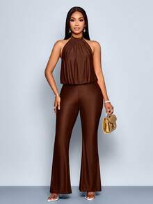 SOLERSUN Bộ đồ liền thân không tay màu trơn thanh lịch hàng ngày thời trang nữ - Cà phê nâu - Xem 3