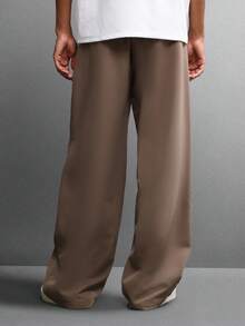 SUMWON 宽腿定制长裤，双褶宽松裤，休闲优雅商务专业办公室服装，秋冬时尚 - 棕色 - 查看 2