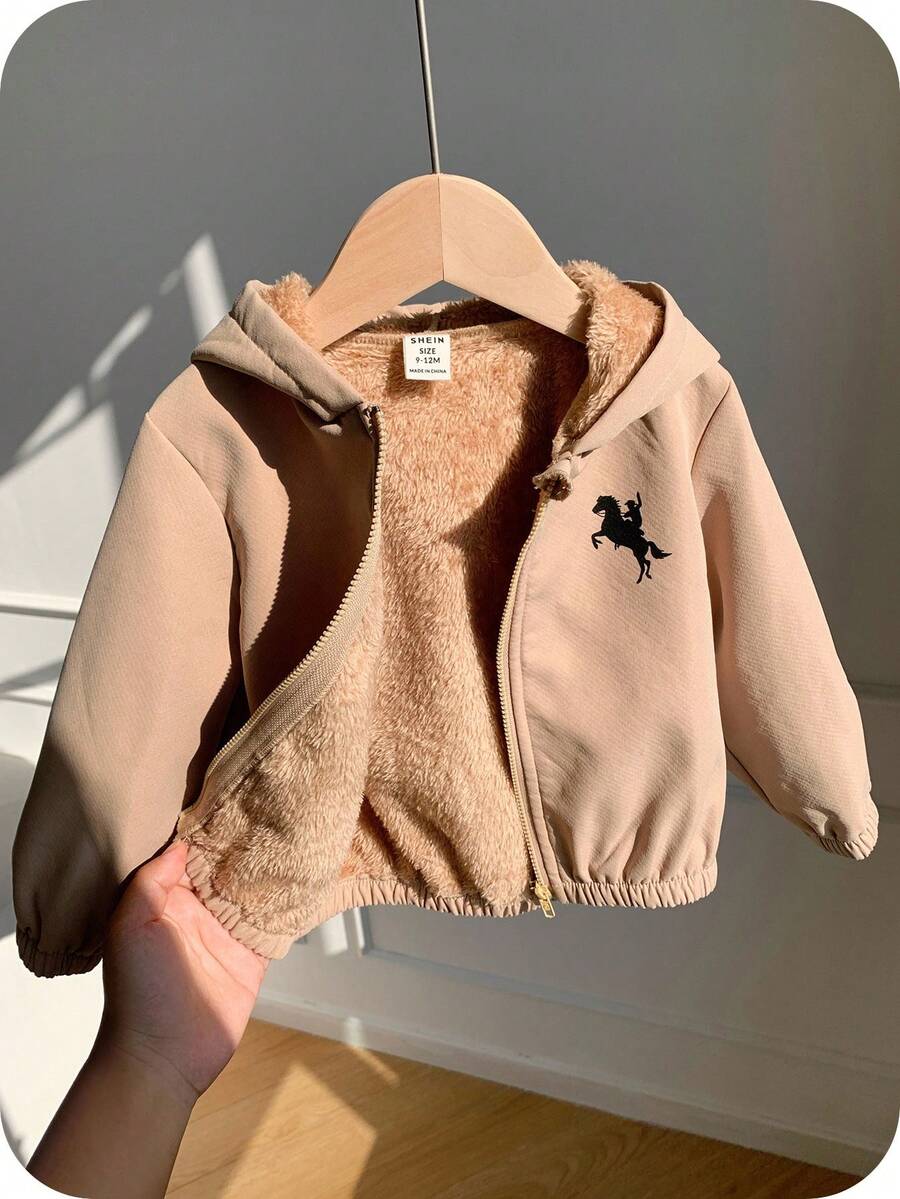 SHEIN 男女通用婴儿休闲连帽羊毛外套，卡其色，适合男婴和女婴，秋冬季