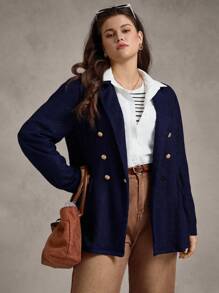 Zelara 大码女式海军蓝双排扣针织西装外套，秋冬返校季商务休闲女装，乡村音乐会复古斯德哥尔摩风格办公室着装，教师工作/办公室冬季时尚 - 藏蓝色 - 查看 7